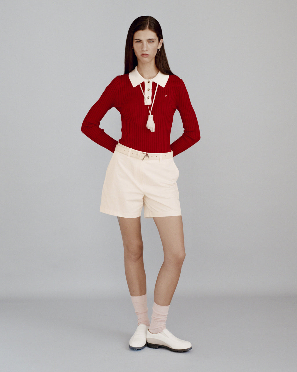 Pointelle Rib Long Sleeve Knit Polo