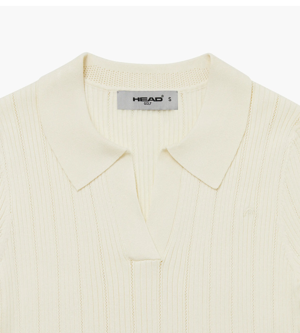 V Neck Pointelle Knit Polo